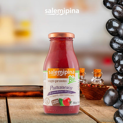 Sos Puttanesca BIO din Roșii Cherry, Măsline, Ulei de măsline Extravirgin, SalemiPina, 250 gr