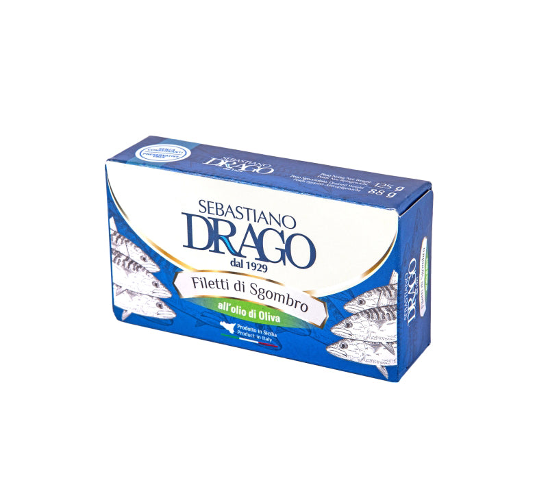 Fileuri de Sgombro, conserva de Macrou  în ulei de măsline, Sicilia, DRAGO, 125 gr