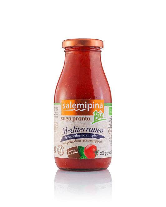 Sos Mediterranea BIO din Roșii Cherry, Roșii Uscate, Ulei de măsline extravirgin, Salemi Pina, 250 gr