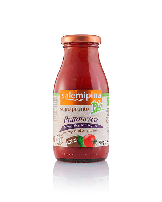 Sos Puttanesca BIO din Roșii Cherry, Măsline, Ulei de măsline Extravirgin, Salemi Pina, 250 gr