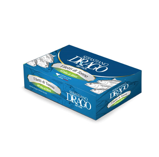 Fileuri de Ton Yellowfin în ulei de măsline conservă, Sicilia, DRAGO, 125 gr