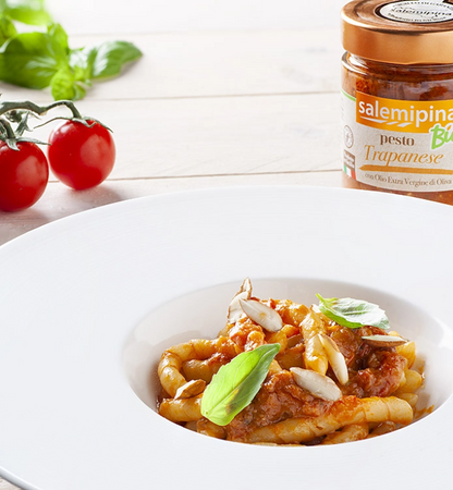 Pesto Trapanese din Roșii, Migdale, sos pentru paste, BIO Vegan, cu ulei de măsline extravirgin, SalemiPina, 190 gr